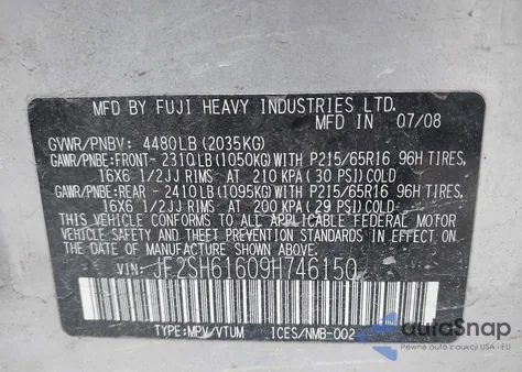 2009 Subaru Forester (Natl) X из США, поврежденный, VIN JF2SH61609H746150